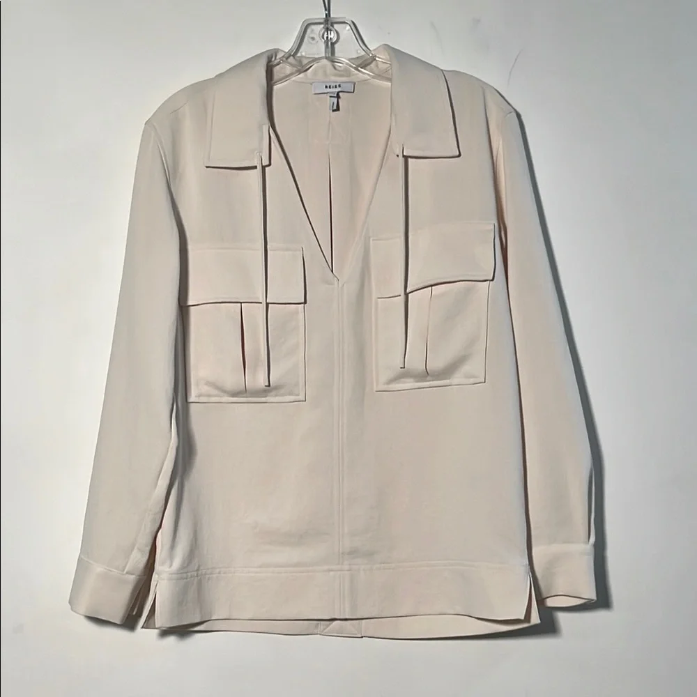 REISS Fleur Twin Pocket V-Neck Back Detail Lagenlook Minimalist Cream Blouse 0 - Picture 3 of 16